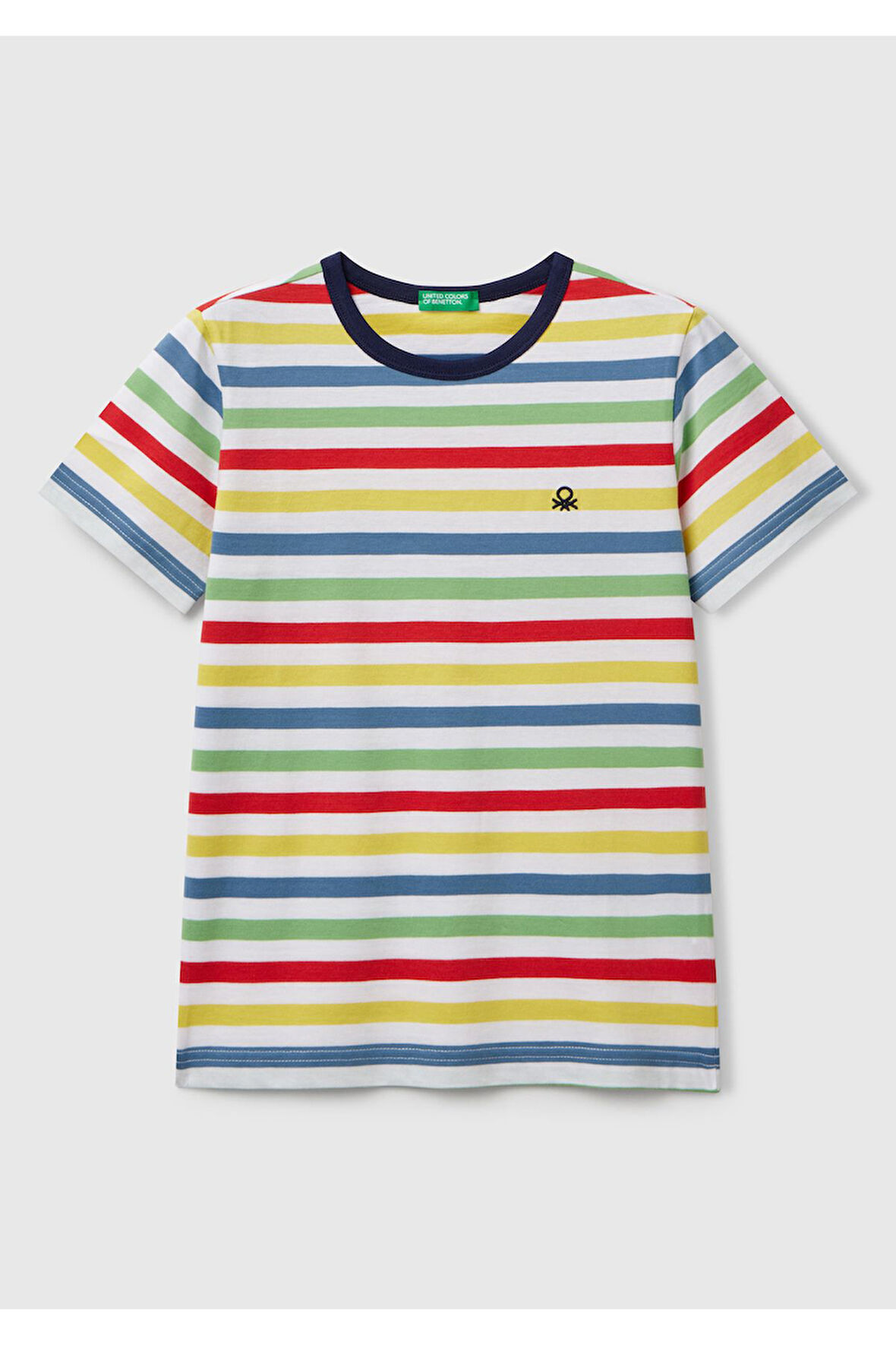 Erkek Çocuk Renkli Mix Çizgili Önü Logo İşlemeli T-Shirt