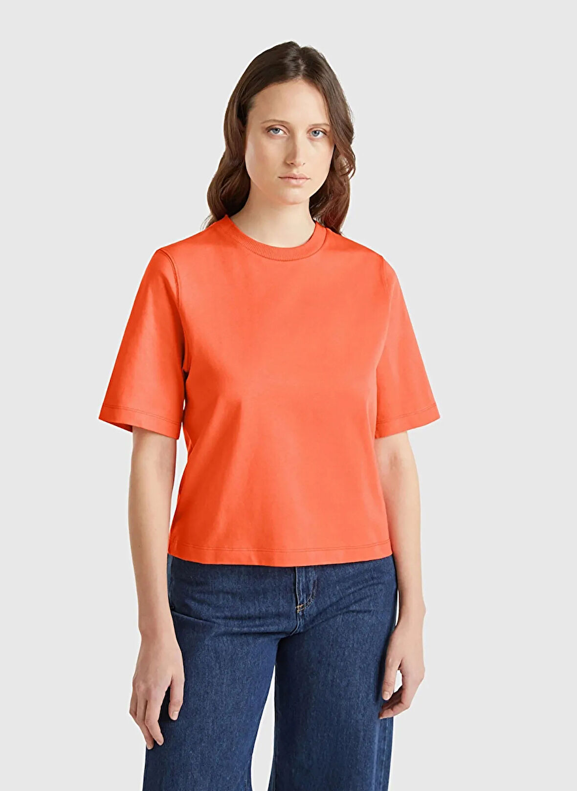 Benetton Bisiklet Yaka Turuncu Kadın T-Shirt 3BL0E17G5