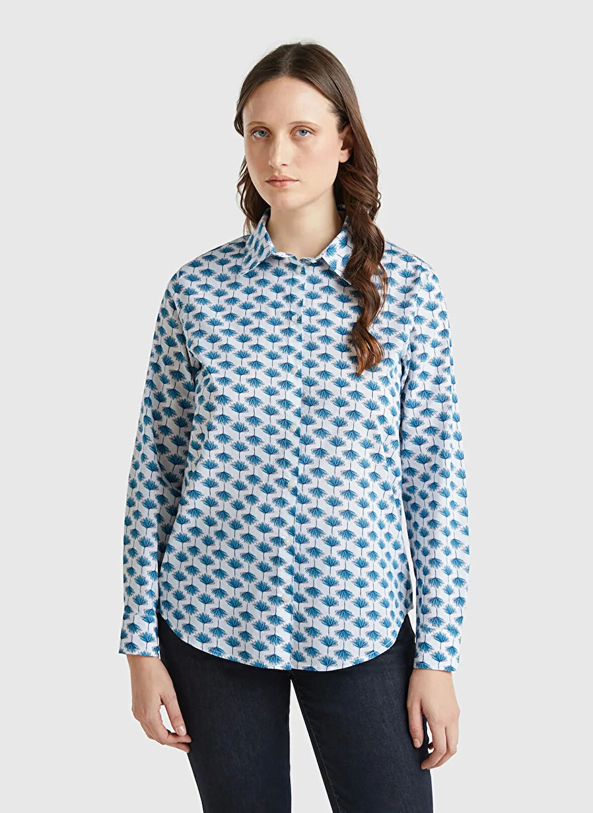 Benetton Regular Fit Gömlek Yaka Mavi Kadın Gömlek 5Q6SDQ0AY