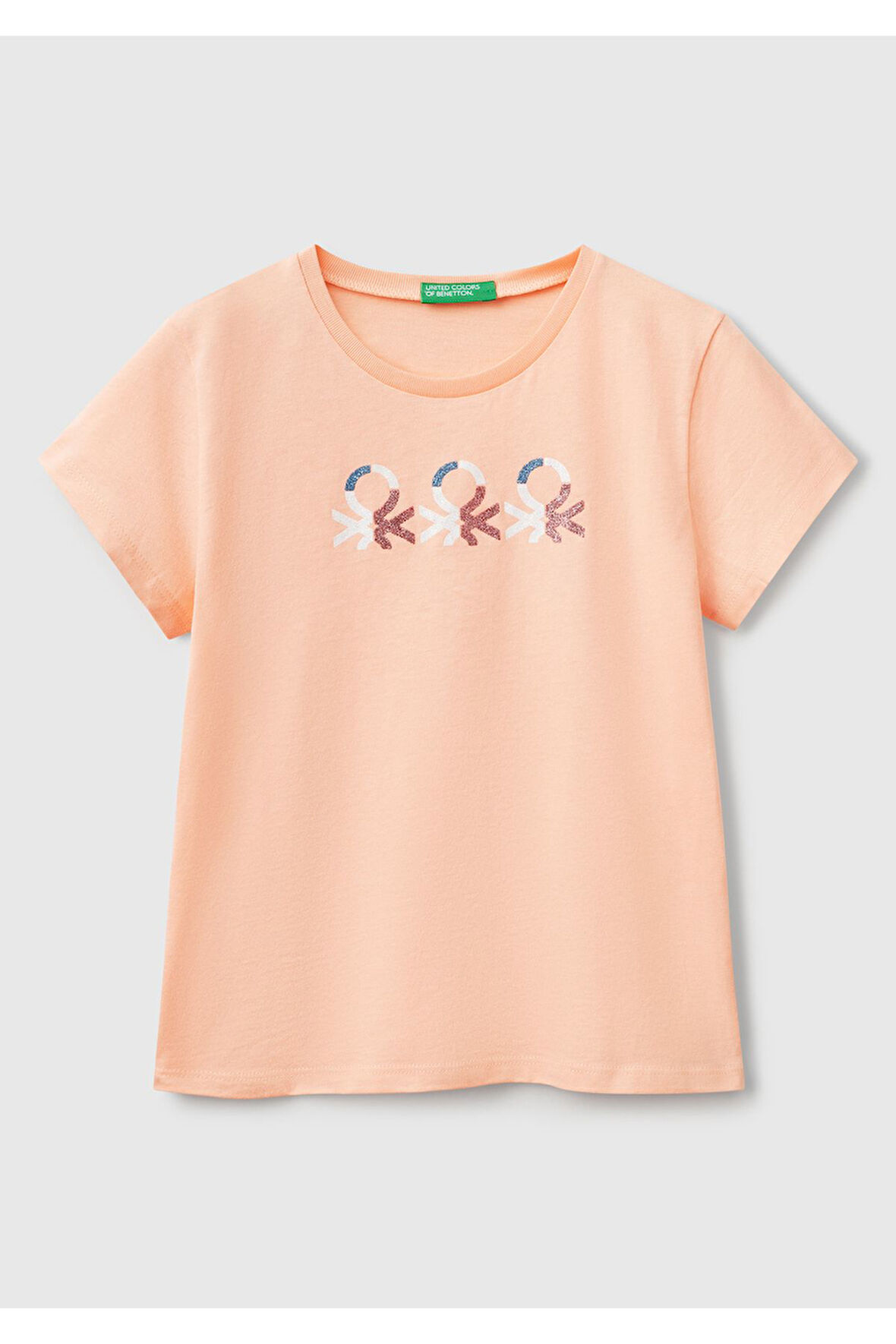 Kız Çocuk Yavruağzı Simli Logo Baskılı T-Shirt