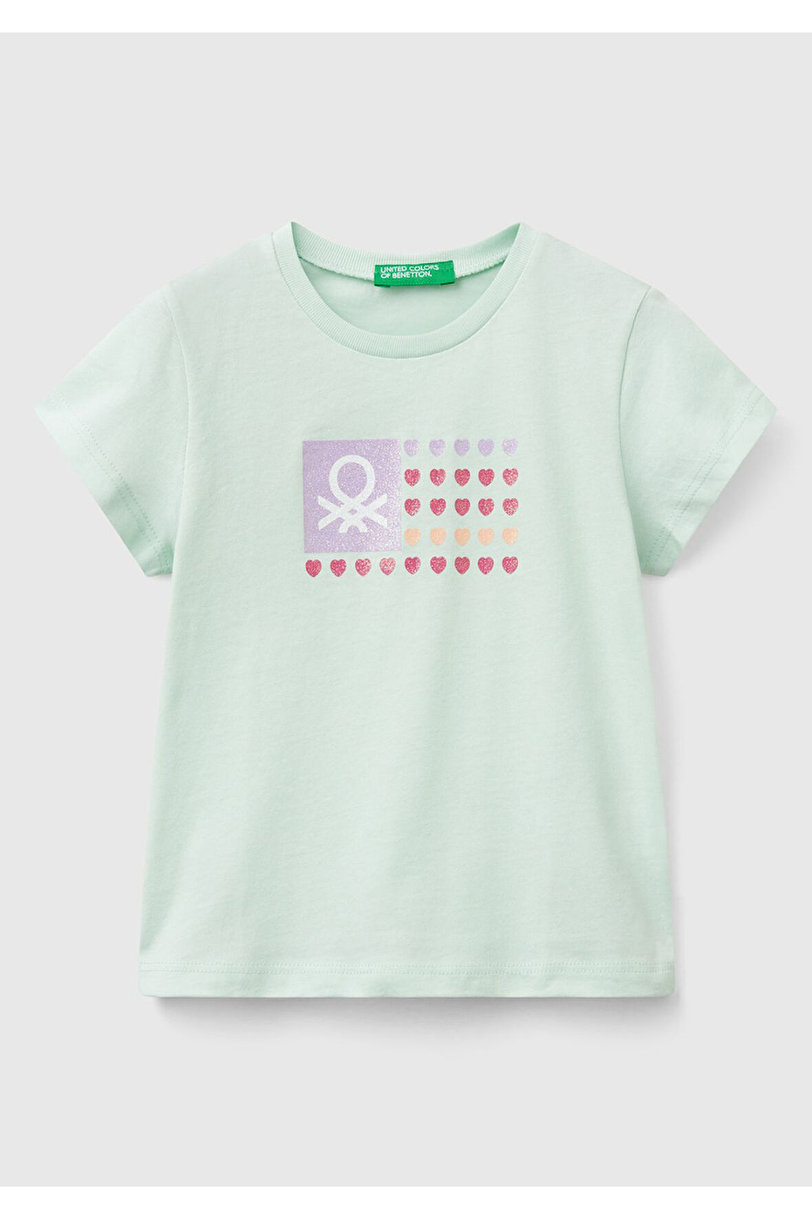 Kız Çocuk Su Yeşili Simli Benetton Logo Baskılı T-Shirt