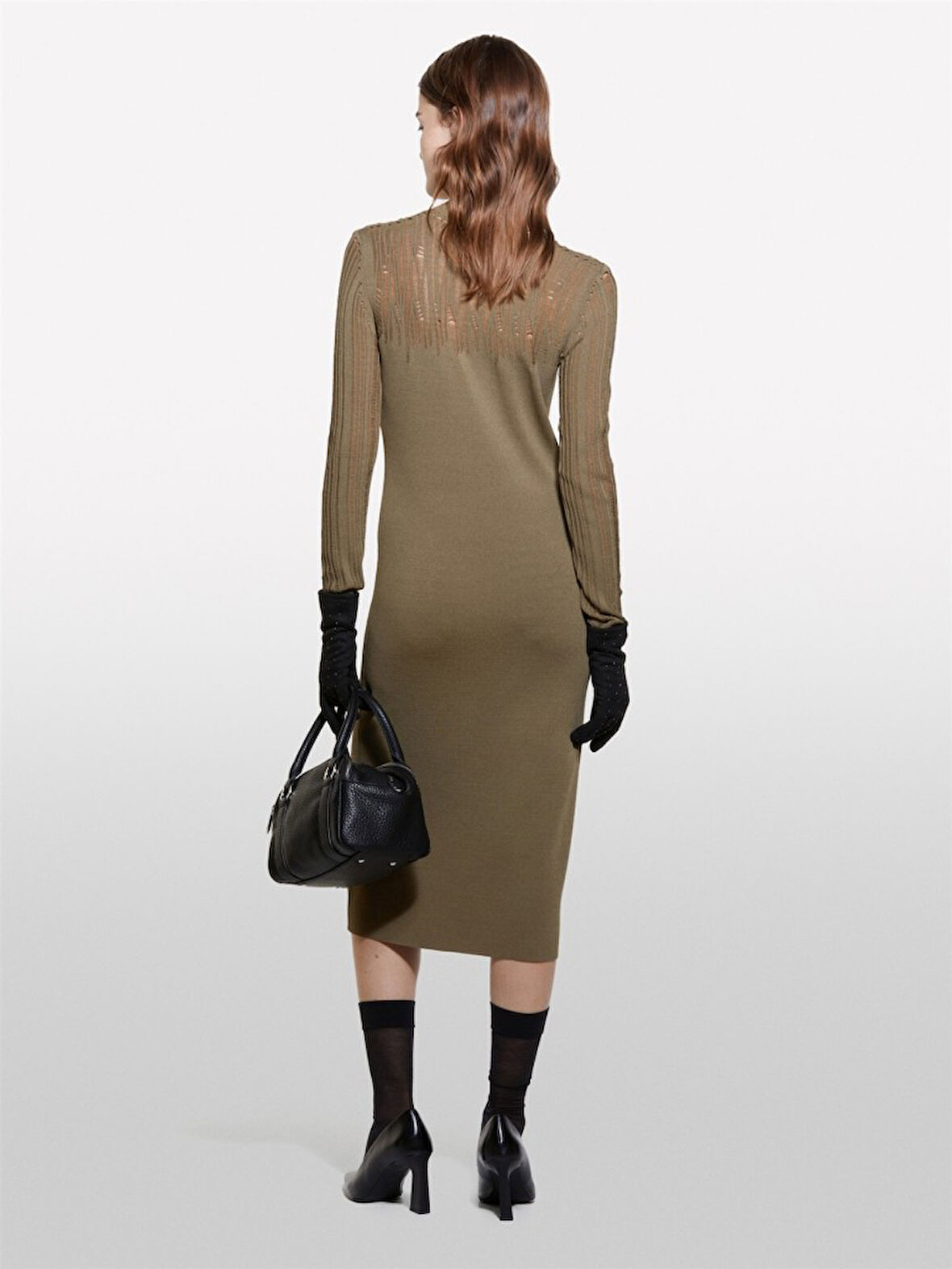 Viskoz Karışımlı Dar Kesim Uzun Kollu Düz Örgü Elbise Kadın Haki Elbise - 324A1MNPMV00S
