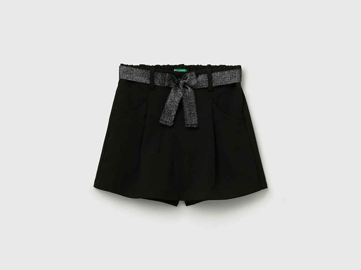 Benetton Kız Çocuk Siyah Beli Simli Kurdeleli Şort Etek