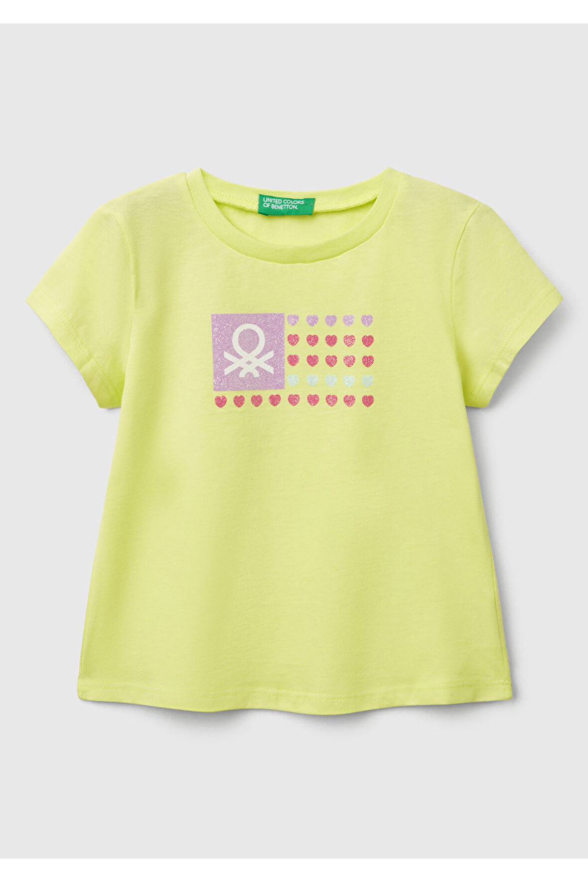 Kız Çocuk Sarı Simli Benetton Logo Baskılı T-Shirt