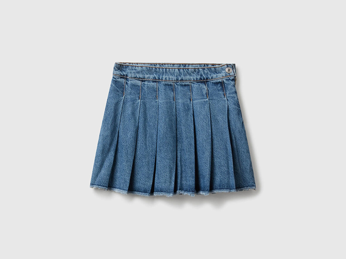 Benetton Kız Çocuk Pileli Yanı Fermuarlı Diz Üstü Denim Etek