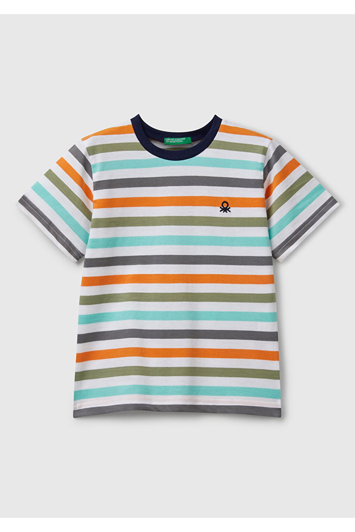 Erkek Çocuk Turkuaz Mix Çizgili Önü Logo İşlemeli T-Shirt