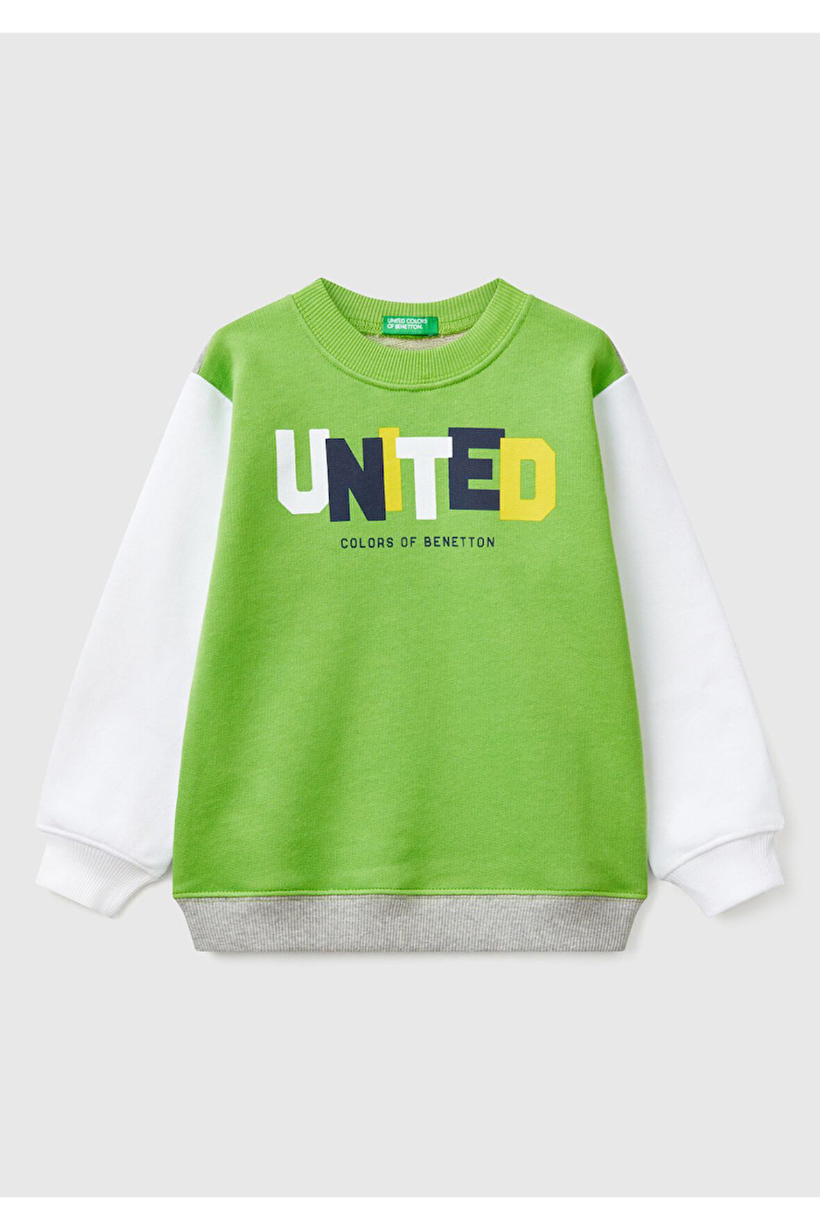 Erkek Çocuk Fıstık Yeşili Benetton Logo Baskılı Bisiklet Yaka Sweatshirt