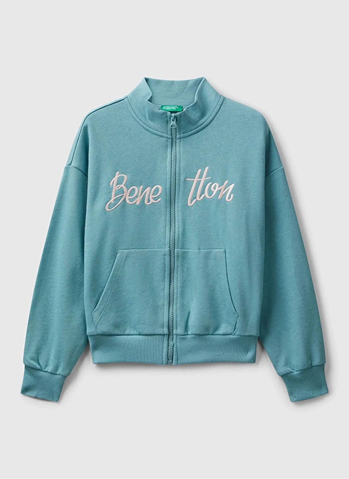 Benetton Nakışlı Kız Çocuk Gri - Yeşil Sweatshırt 3J68C505D