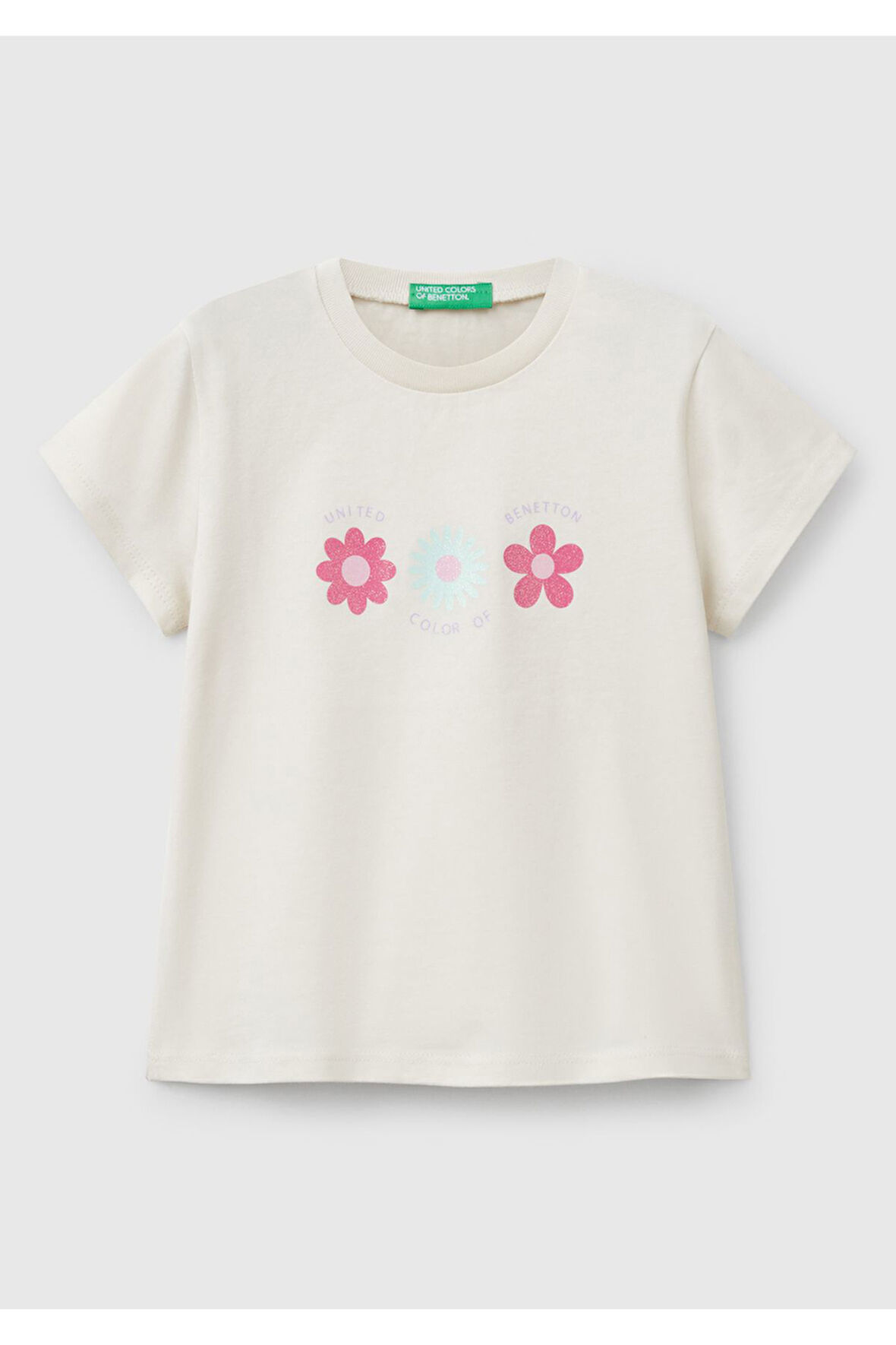 Kız Çocuk Krem Simli Benetton Logo Baskılı T-Shirt