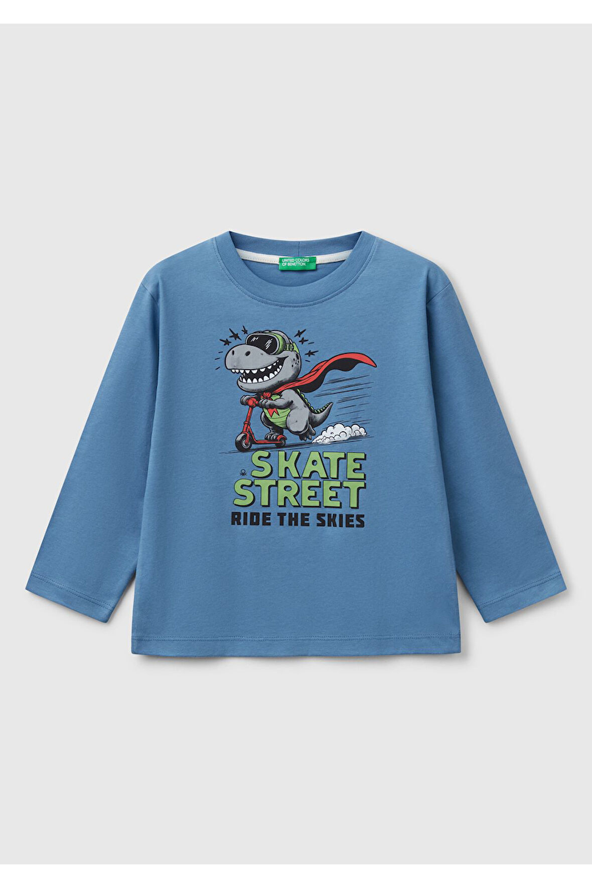 Erkek Çocuk Havacı Mavi Önü Baskılı Bisiklet Yaka Uzun Kollu T-Shirt