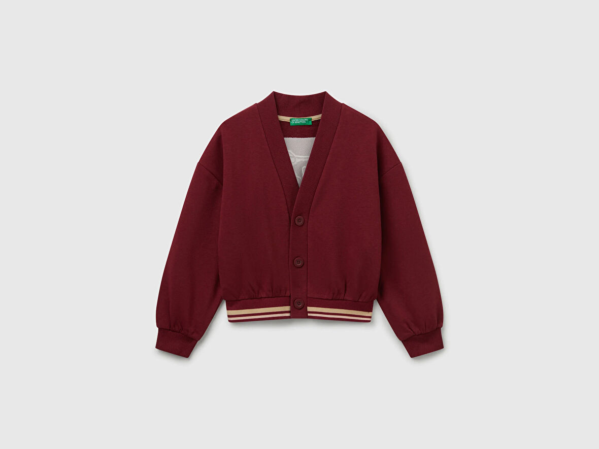 Benetton Kız Çocuk Bordo Payet İşlemeli Ucu Çizgili Sweatshirt Hırka