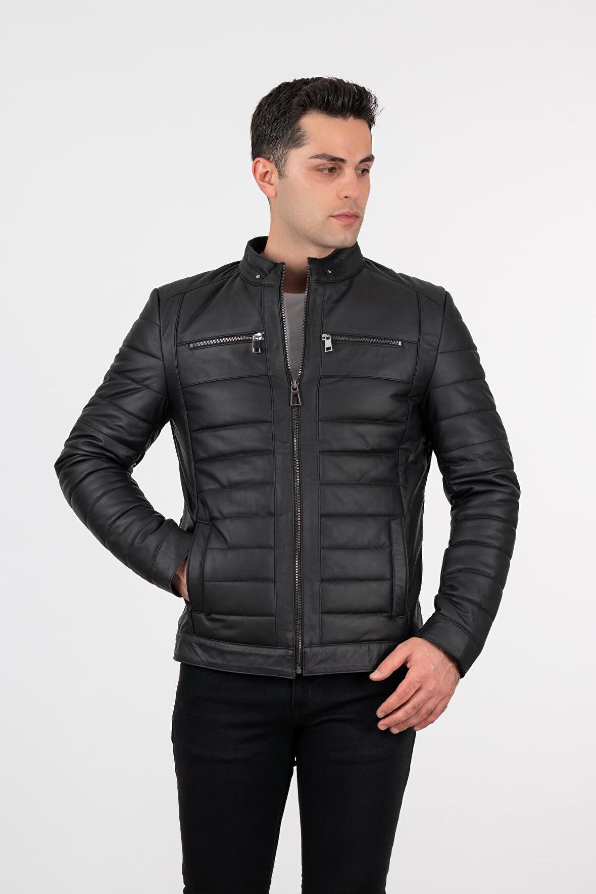 Deri Effect Erkek Siyah Şişme Hakiki Deri Ceket