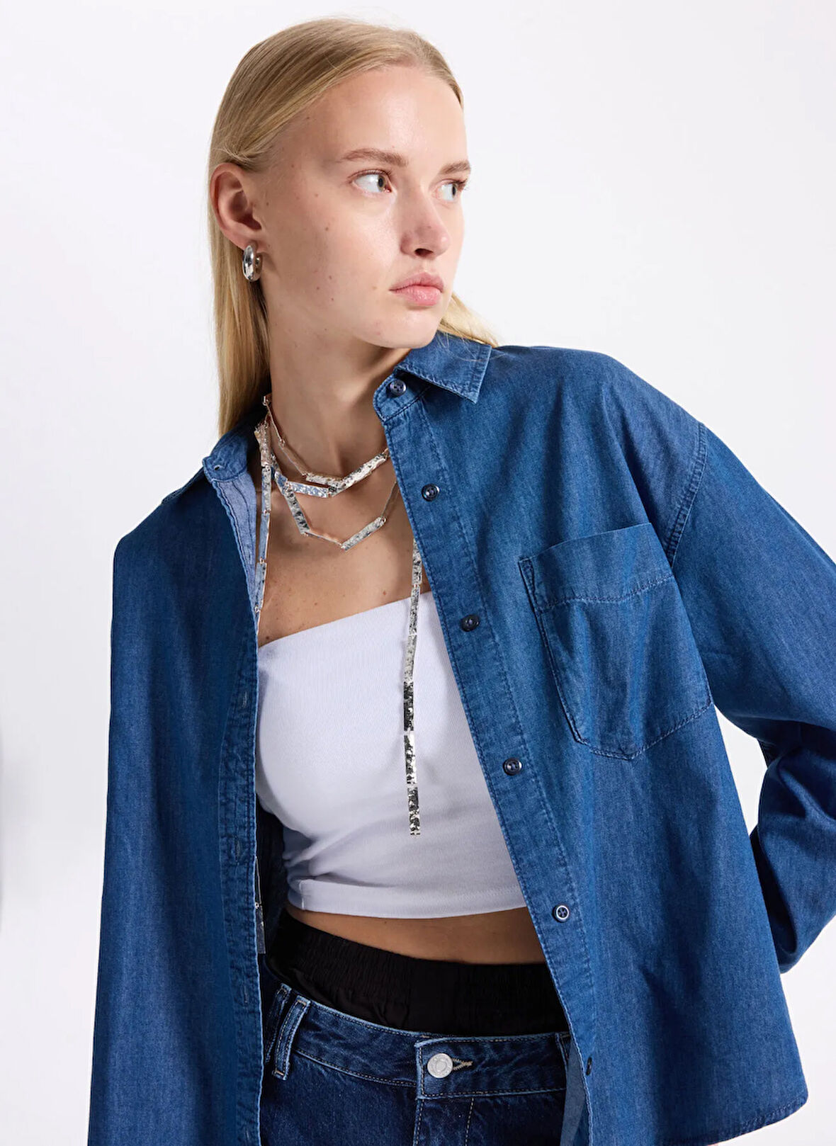 Benetton Normal Gömlek Yaka Mavi Kadın Gömlek 5DHJDQ0CJ