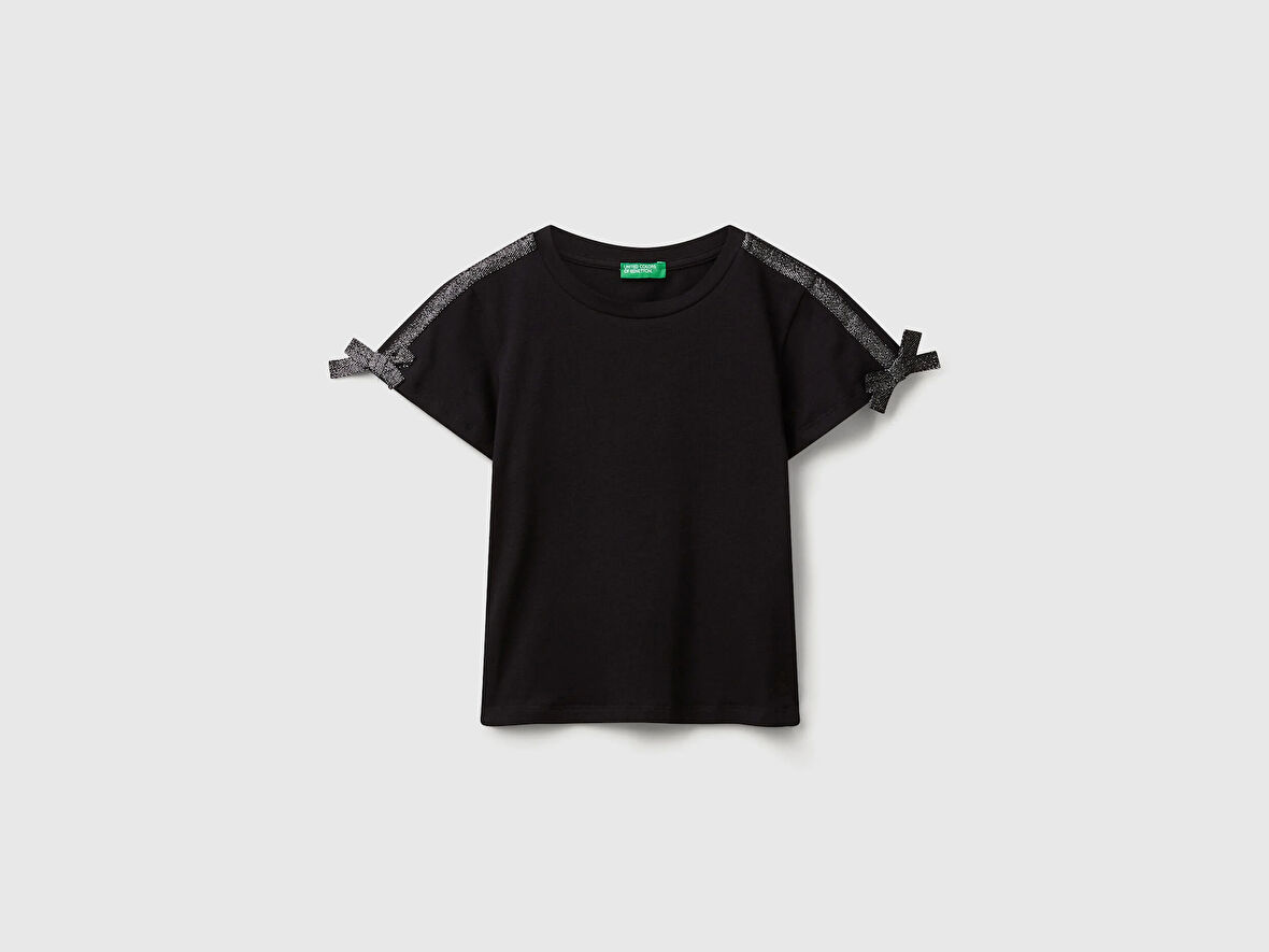 Benetton Kız Çocuk Logo İşlemeli Omuzları Simli Kurdeleli T-shirt