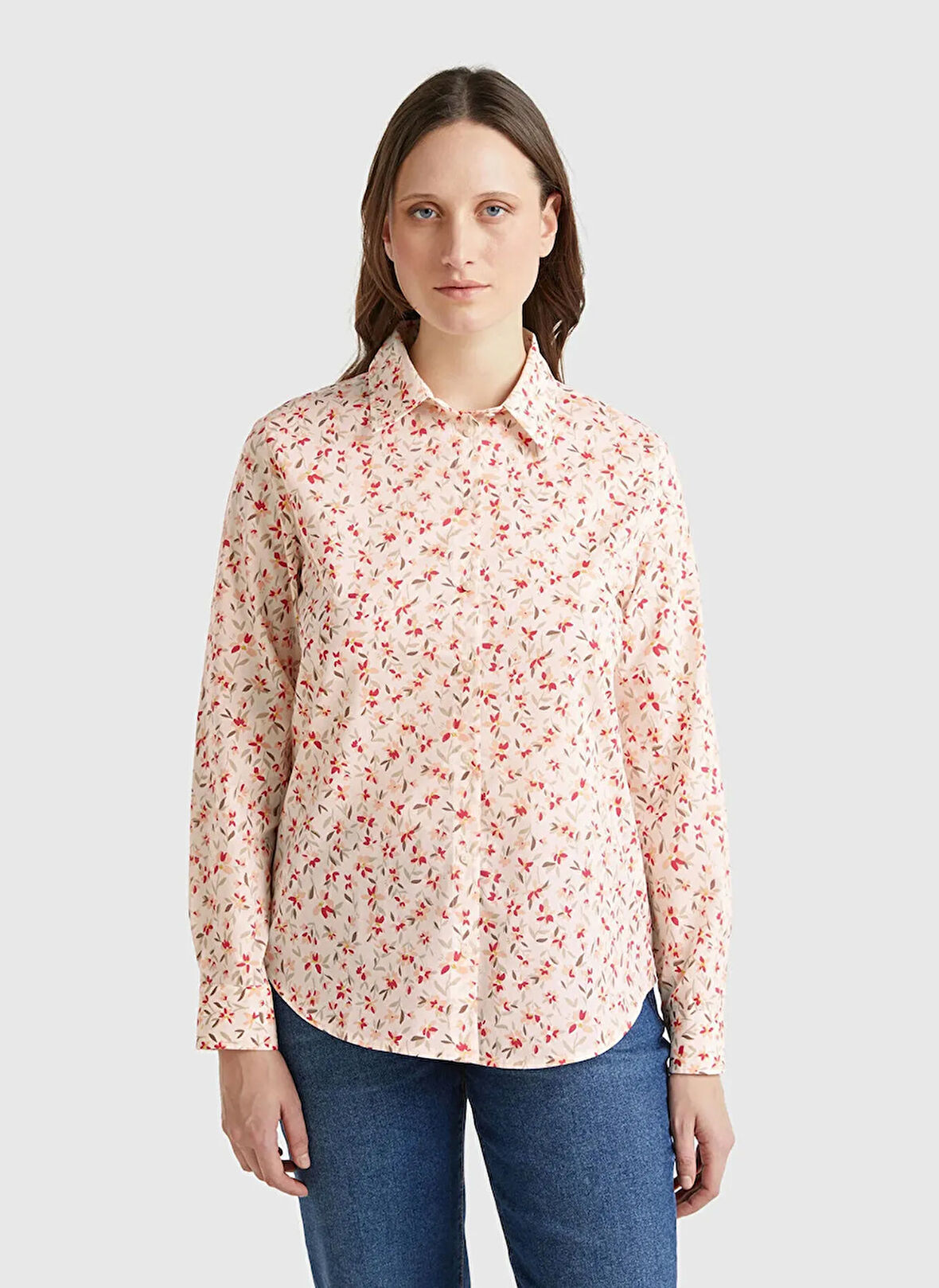 Benetton Regular Fit Gömlek Yaka Bej Kadın Gömlek 5Q6SDQ0AY