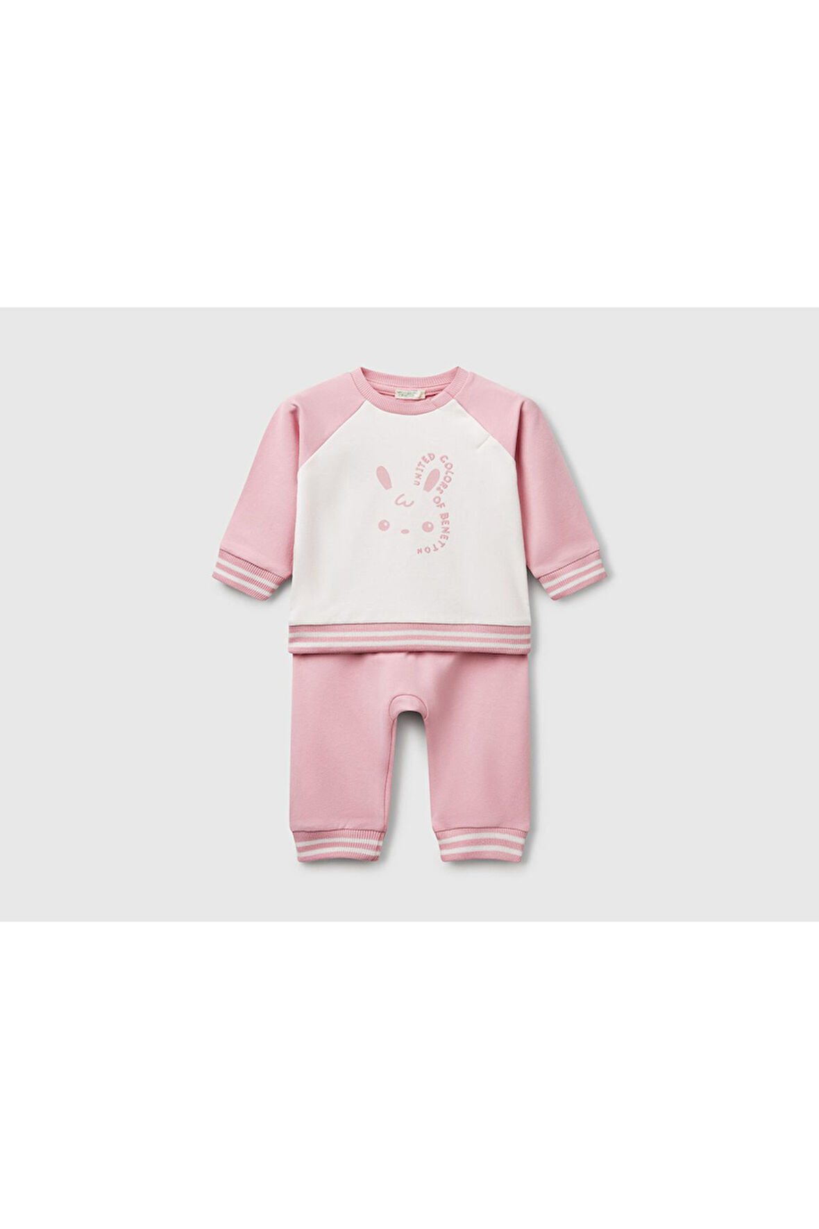 Bebek Pembe Baskılı Reglan Kol Üst ve Beli Büzgülü Eşofman Takım