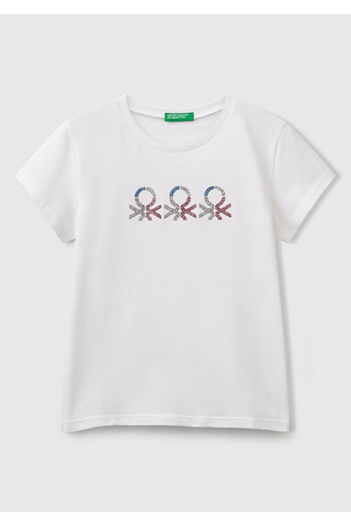 Kız Çocuk Beyaz Simli Logo Baskılı T-Shirt