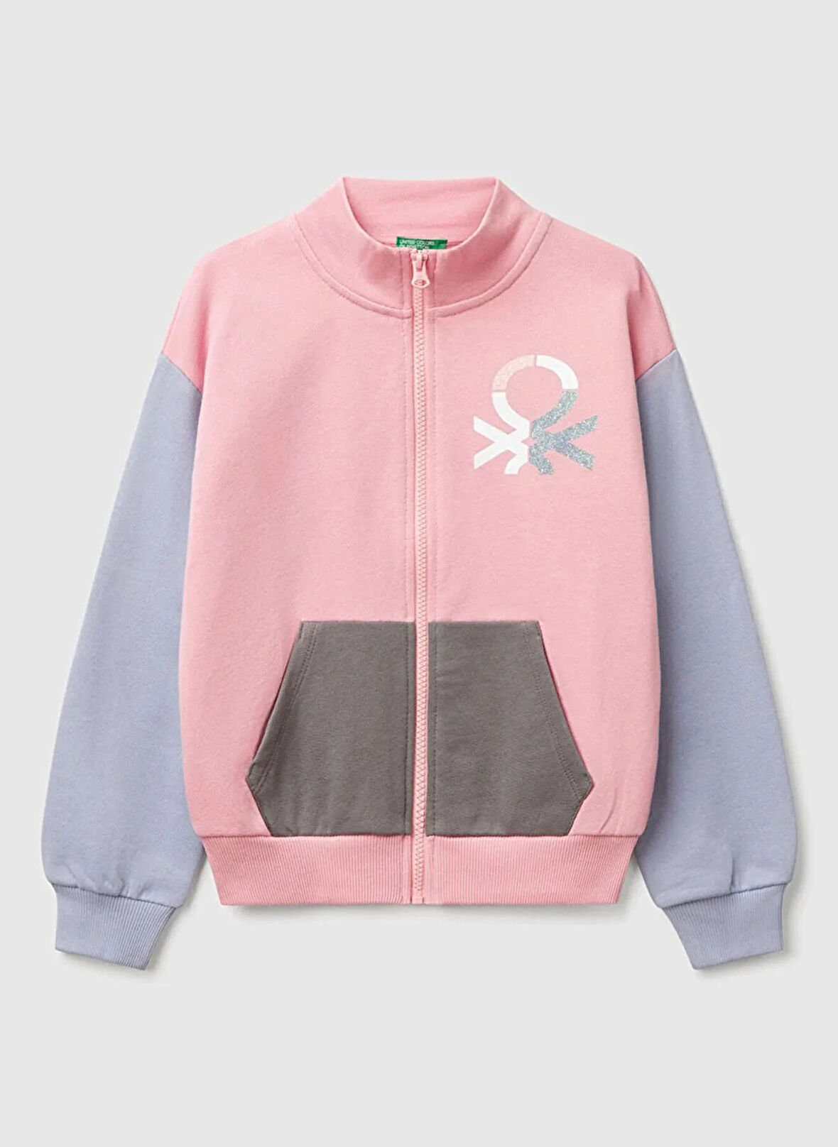 Kız Çocuk Pembe Mix Simli Benetton Logo İşlemeli Fermuarlı Sweatshirt