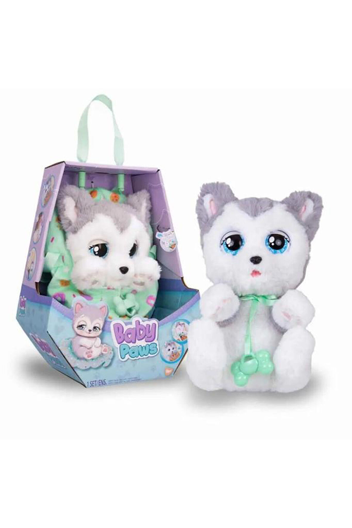 Giochi Preziosi Baby Paws Sesli Yavru Köpek Peluş 20 cm BAW00000 HUSKY YEŞİL ÇANTA