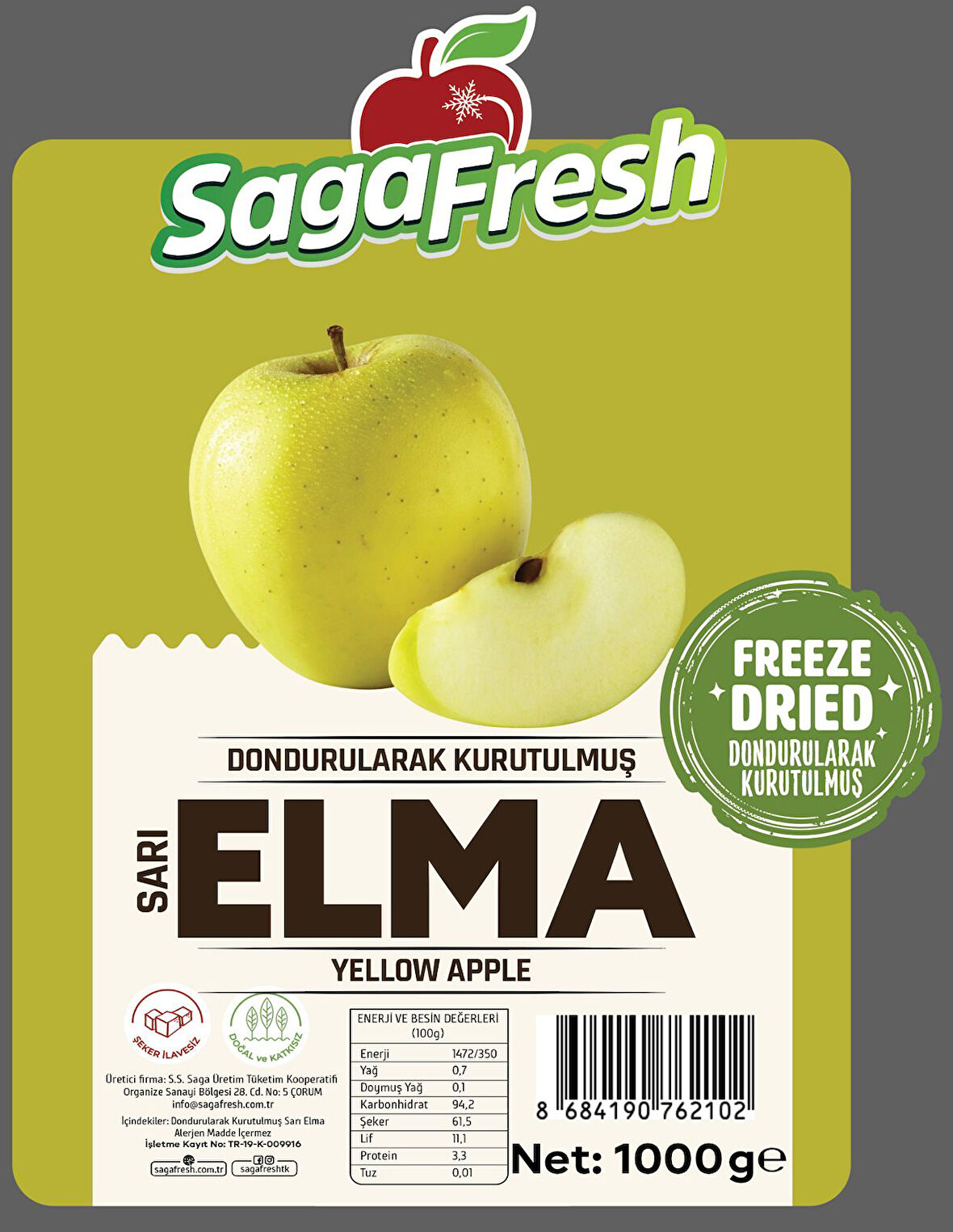 SagaFresh Dondurularak Kurutulmuş Sarı Elma Dilimleri 1000g