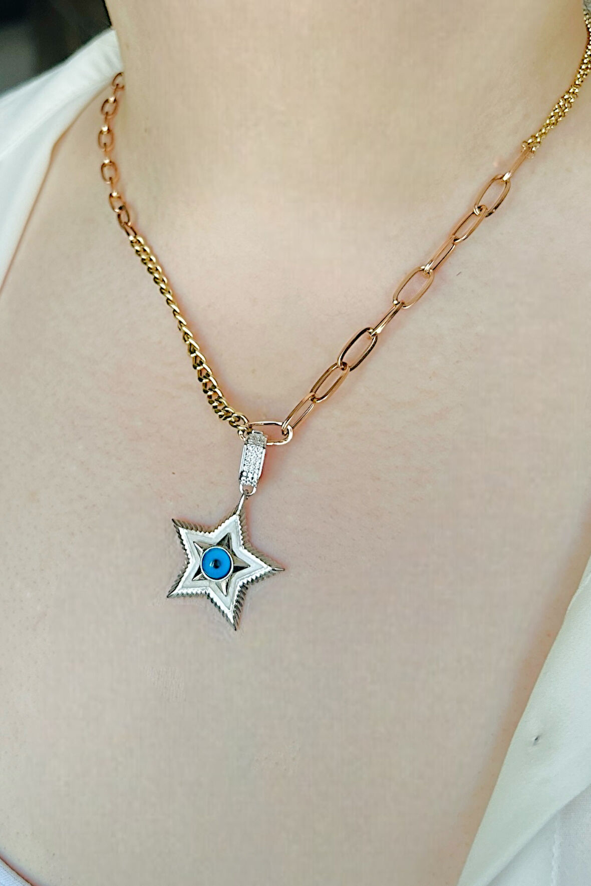 Beyaz Mineli Yıldız ve Göz Gümüş Klipsli Kolye Ucu & Ajda Bilezik Charm | 925 Ayar Gümüş