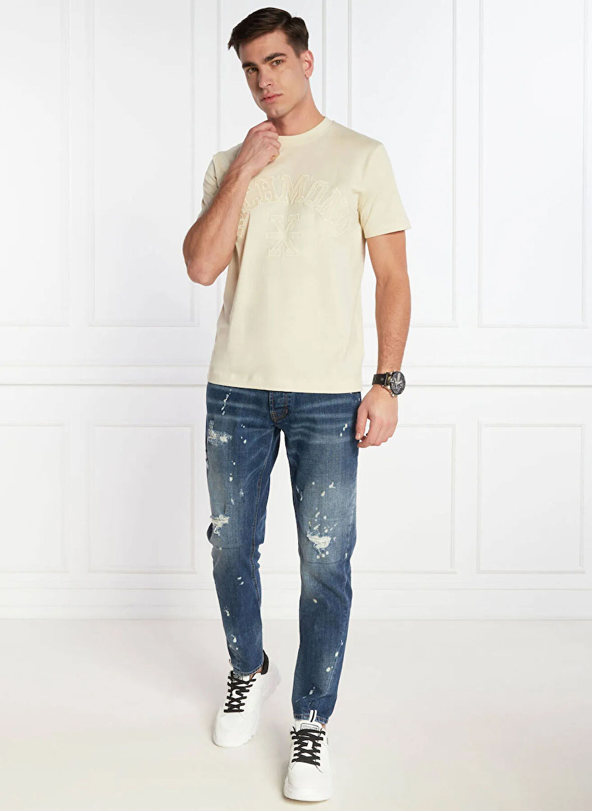 John Richmond Bisiklet Yaka Kırık Beyaz Erkek T-Shirt UMP24045TS