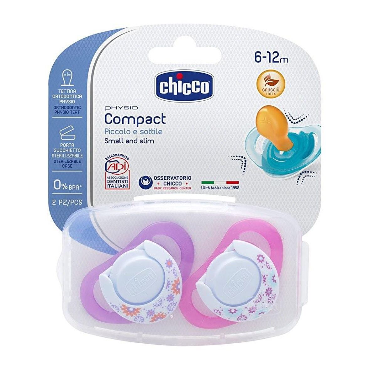 Chicco Physio Compact Kauçuk Emzik 6-12 Ay Kız 2li