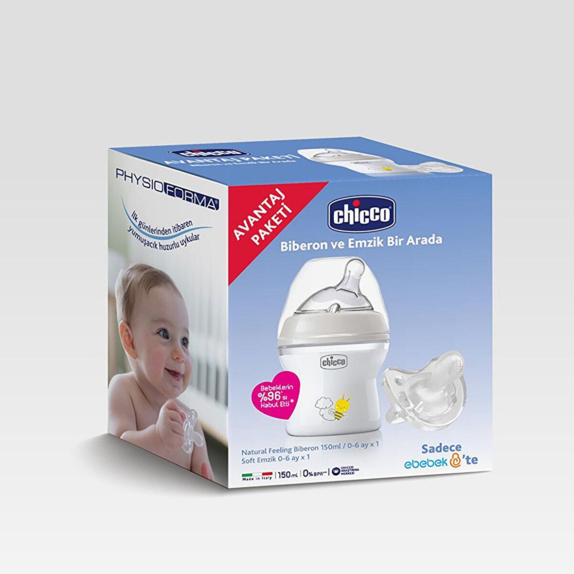 Chicco Natural Feeling Biberon 150 ml + Physio Soft Silikon Emzik Avantaj Paket