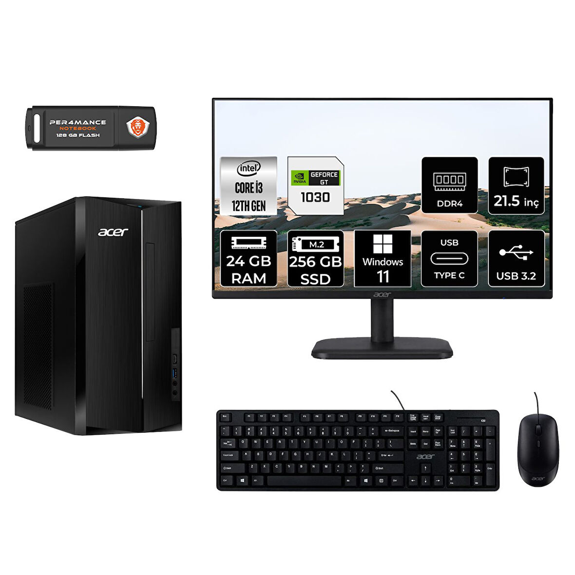 ACER ASPİRE TC1760 MDT004D521 i3 12100 24GB RAM 256GB SSD GT1030 4GB 21.5" W11H MASAÜSTÜ PC