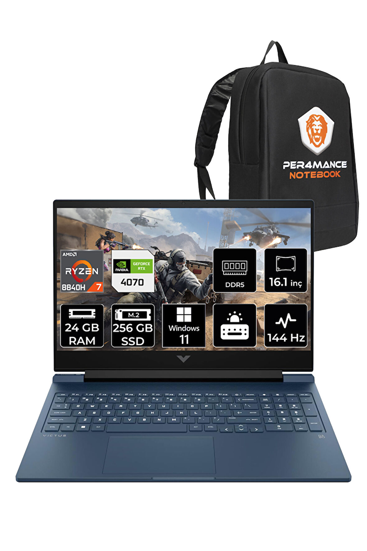 HP Victus 16 R7 8840H 24GB RAM 256GB SSD RTX4070/8GB 144Hz 16.1'' FHD W11H Gaming Laptop & PER4 ÇANTA