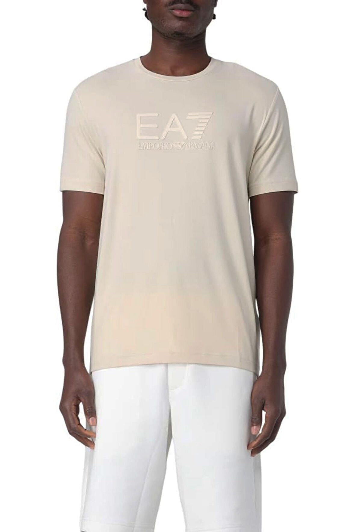 Erkek Bisiklet Yaka Kabartma Logo Baskılı T-Shirt - Bej | S