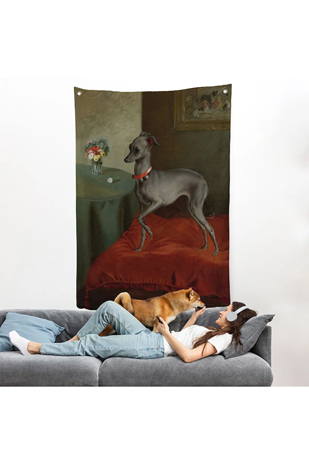 Kırmızı Yastık Üzerinde Bir İtalyan Tazısı Duvar Örtüsü-8061