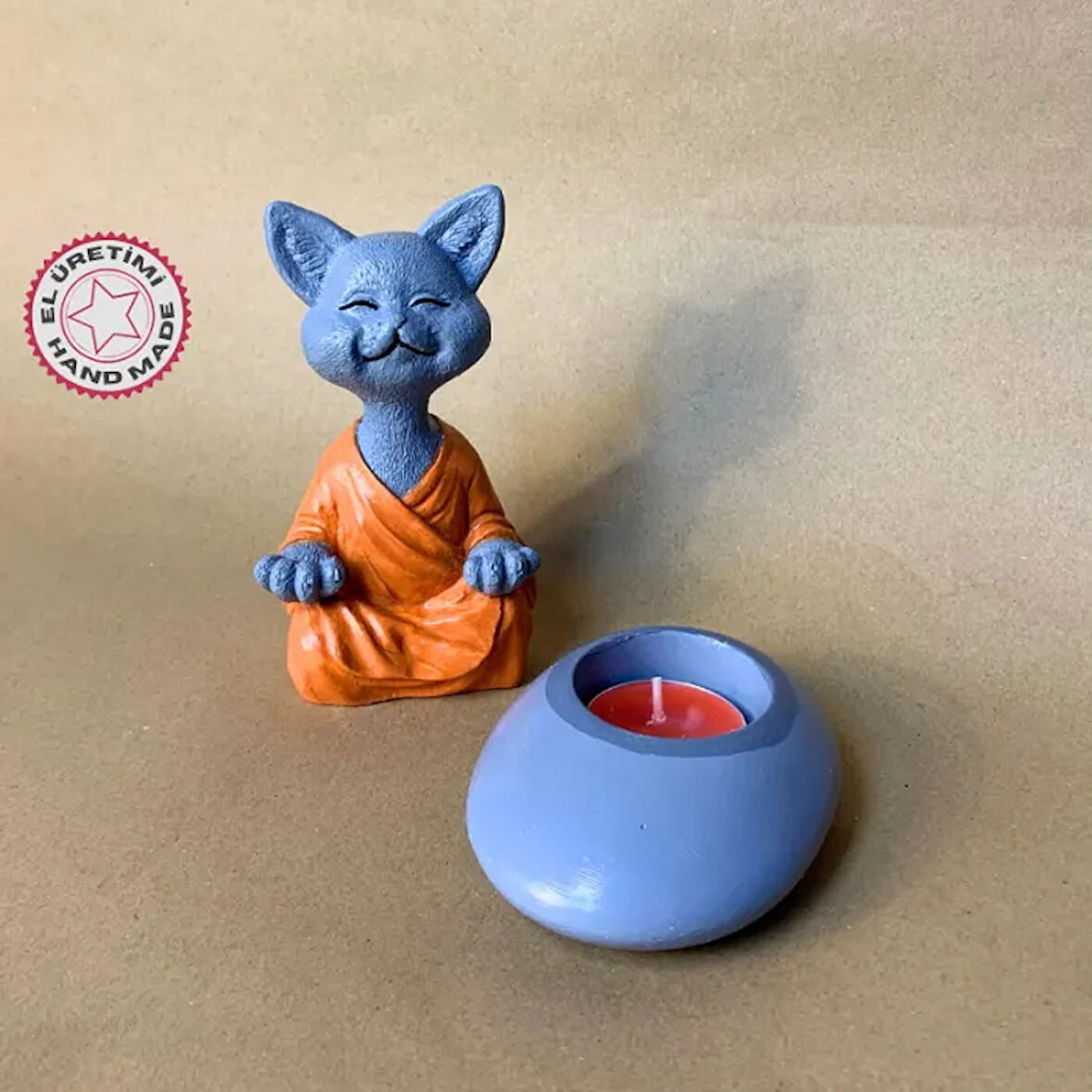 Uretti - Pınar 6606 - El Yapımı Kedi Buda Tealight Mumluk 2'li Dekoratif Set