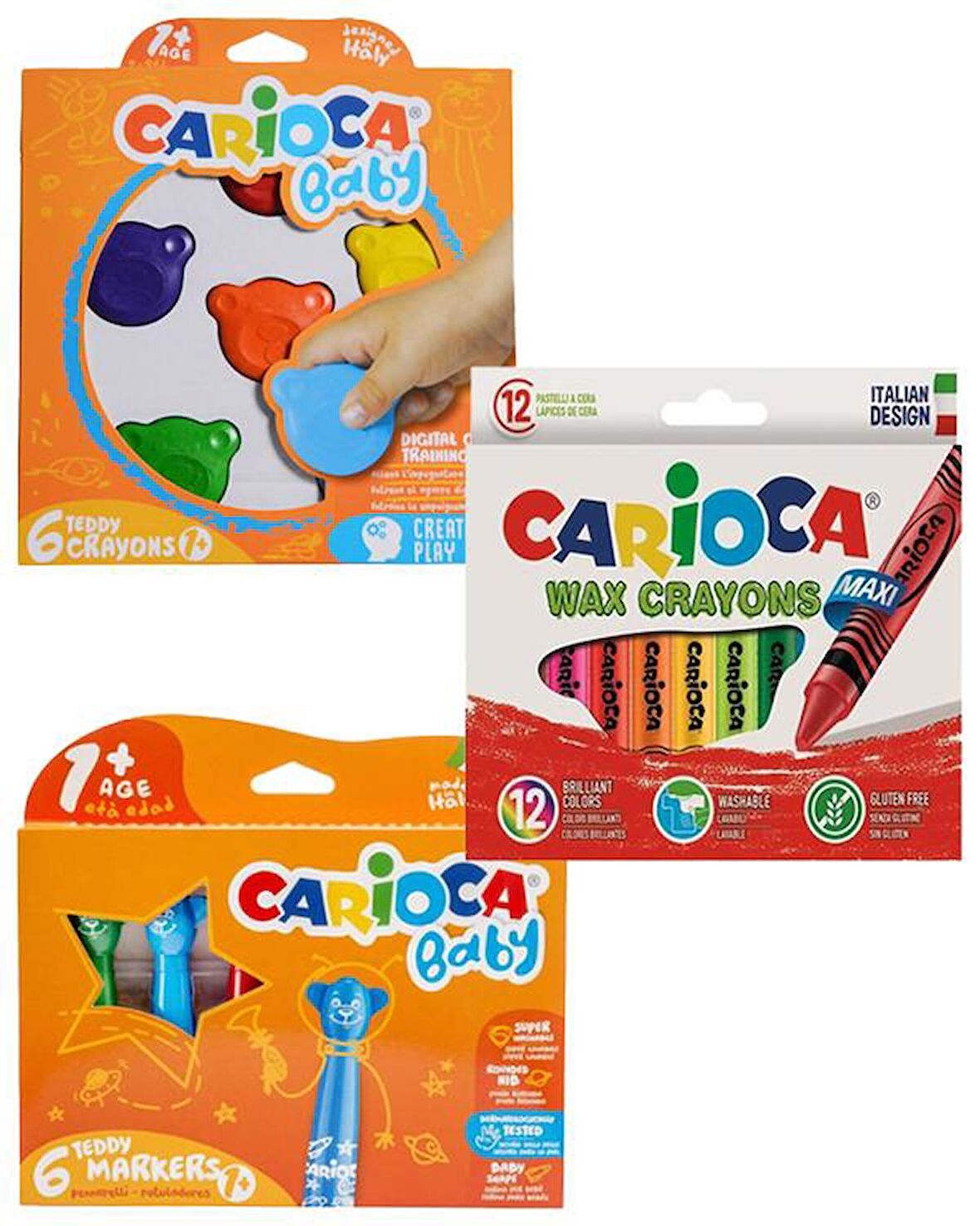 Carioca Teddy Şekilli Mum Boya - Carioca Teddy Keçeli Kalem - Carioca Wax Crayons 3 Adet Boyama Seti