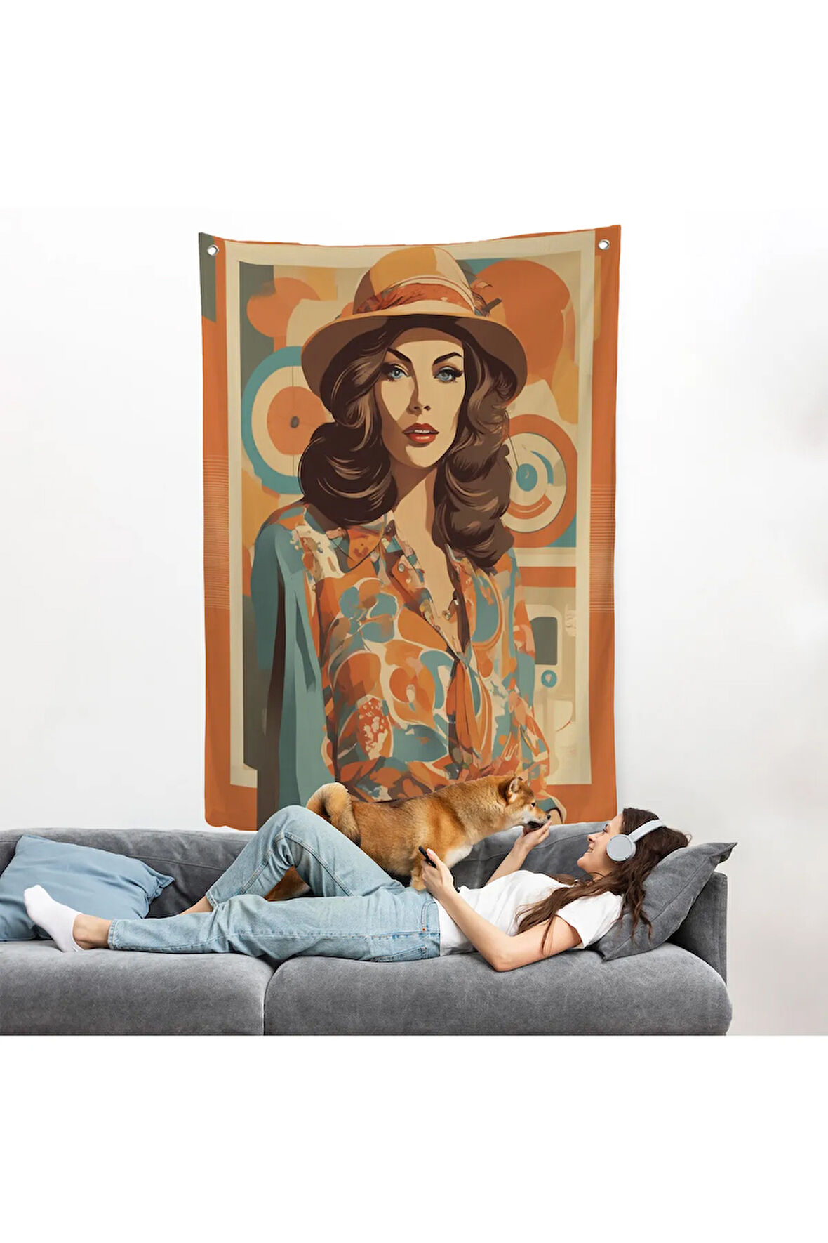 Şapkalı Güzel Retro Kadın Duvar Örtüsü-8070