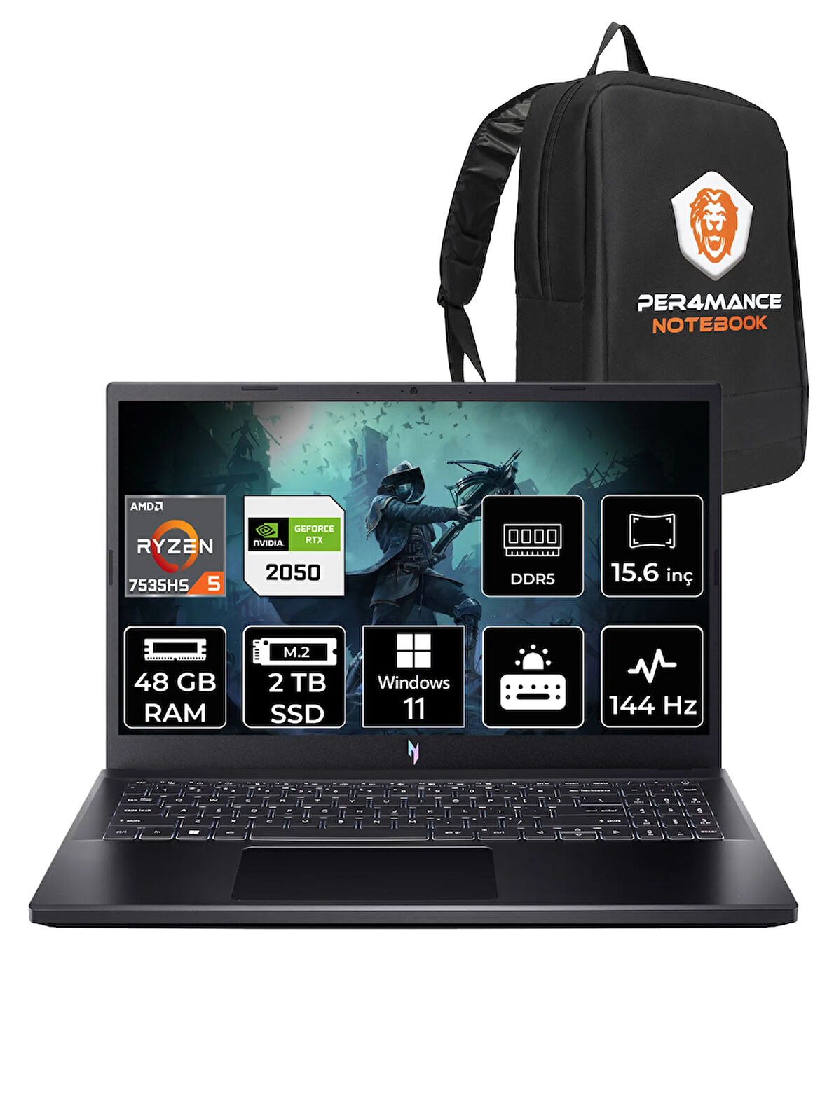 ACER Nitro V15 R5 7535HS 48GB 2TB SSD RTX2050/4GB 15.6'' 144Hz FHD W11P Gaming Laptop & PER4 ÇANTA