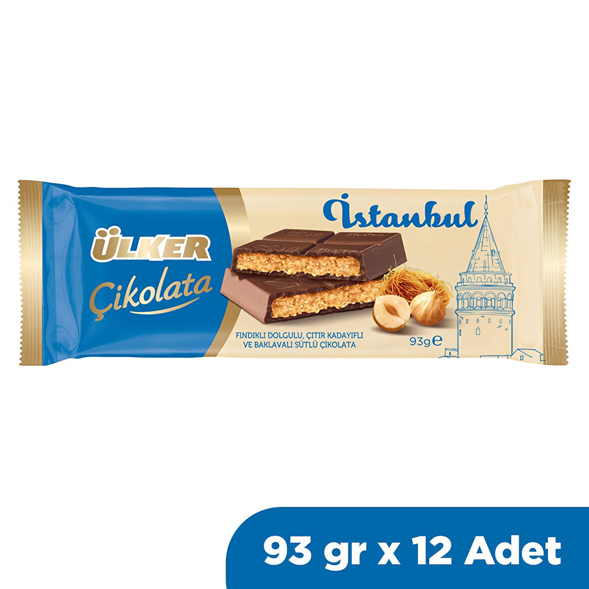 Ülker Çikolata İSTANBUL Fındıklı Dolgulu, Çıtır Kadayıflı ve Baklavalı Çikolata 93 gr x 12 Adet