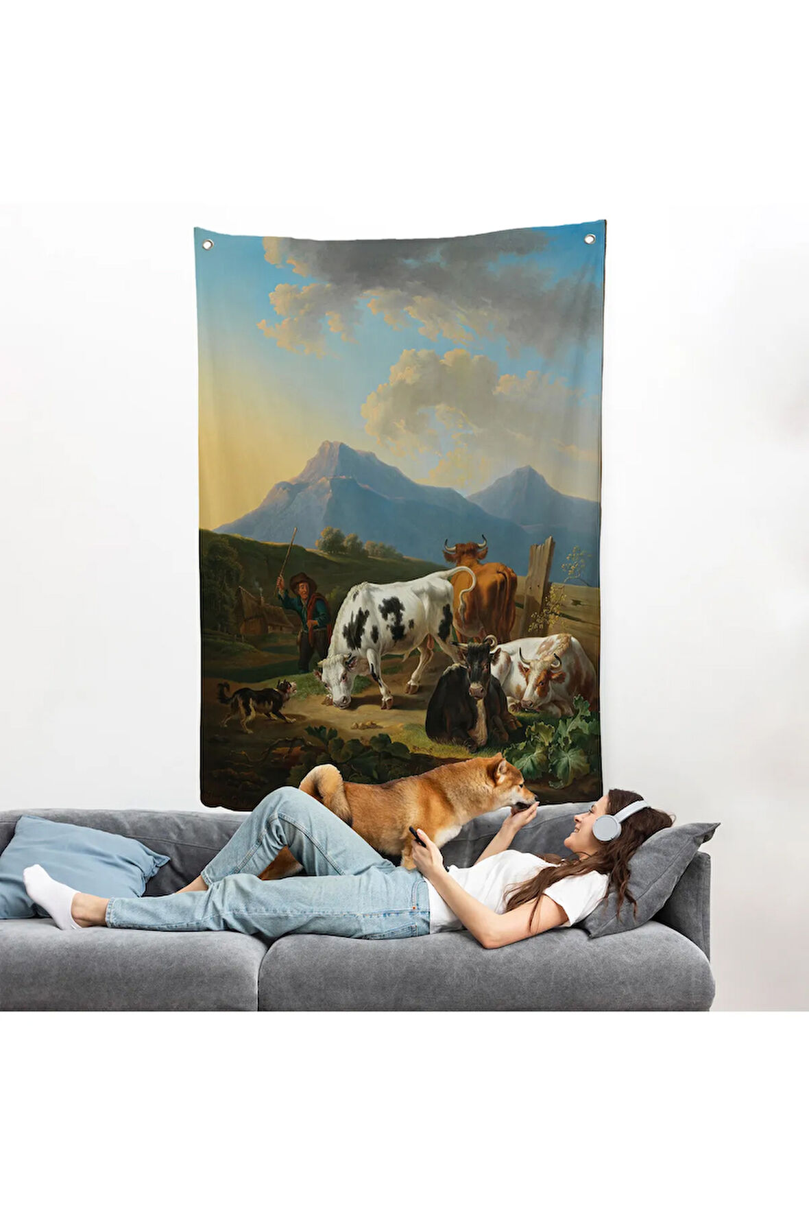 Johann Dallinger - Boğa ve İnekleriyle Genç Çiftçi Duvar Örtüsü --8077