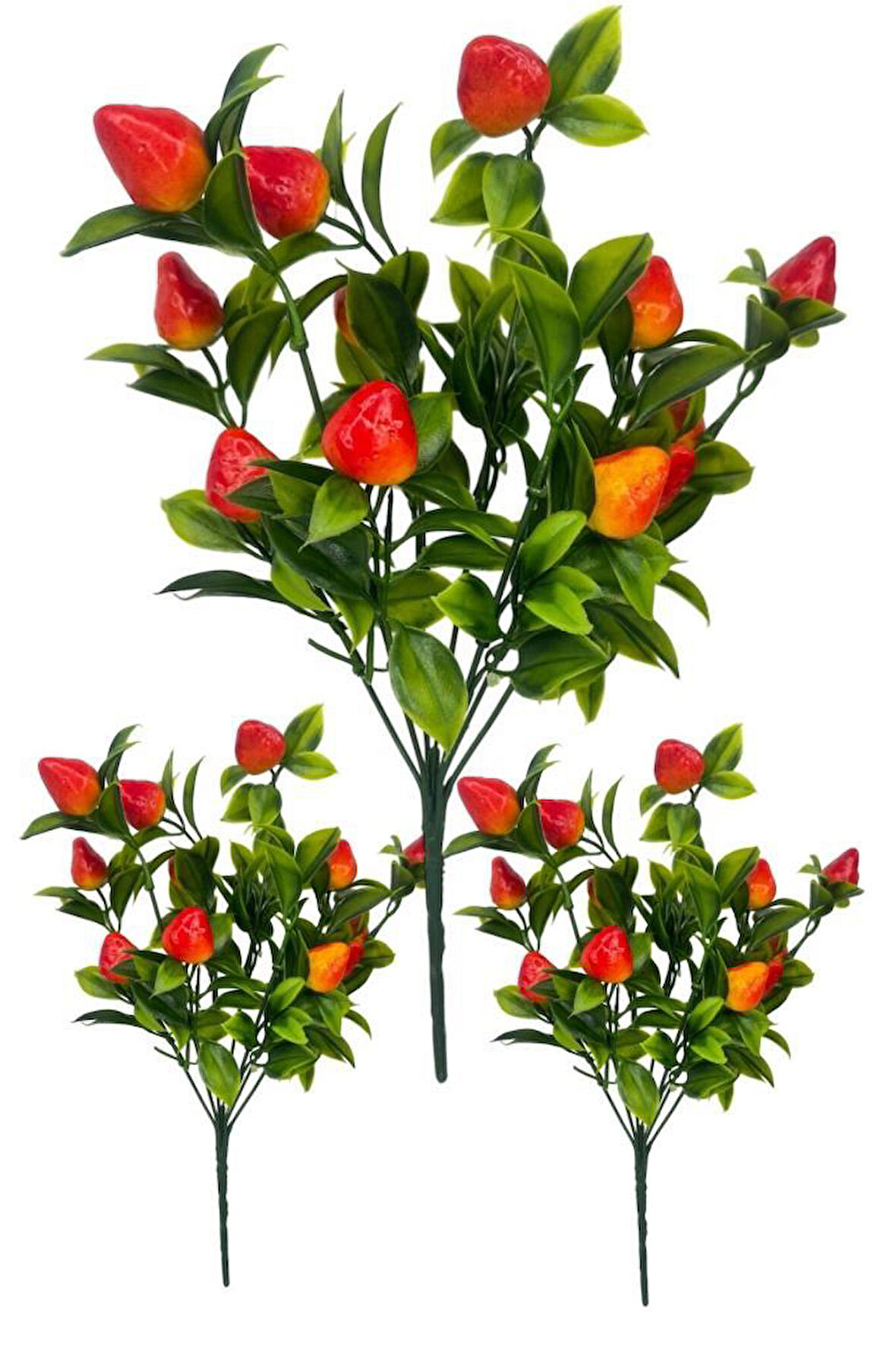 3lü Set Yapay Çilek Demeti Yapay Çiçek 30*20cm Yeşil Yapraklı 