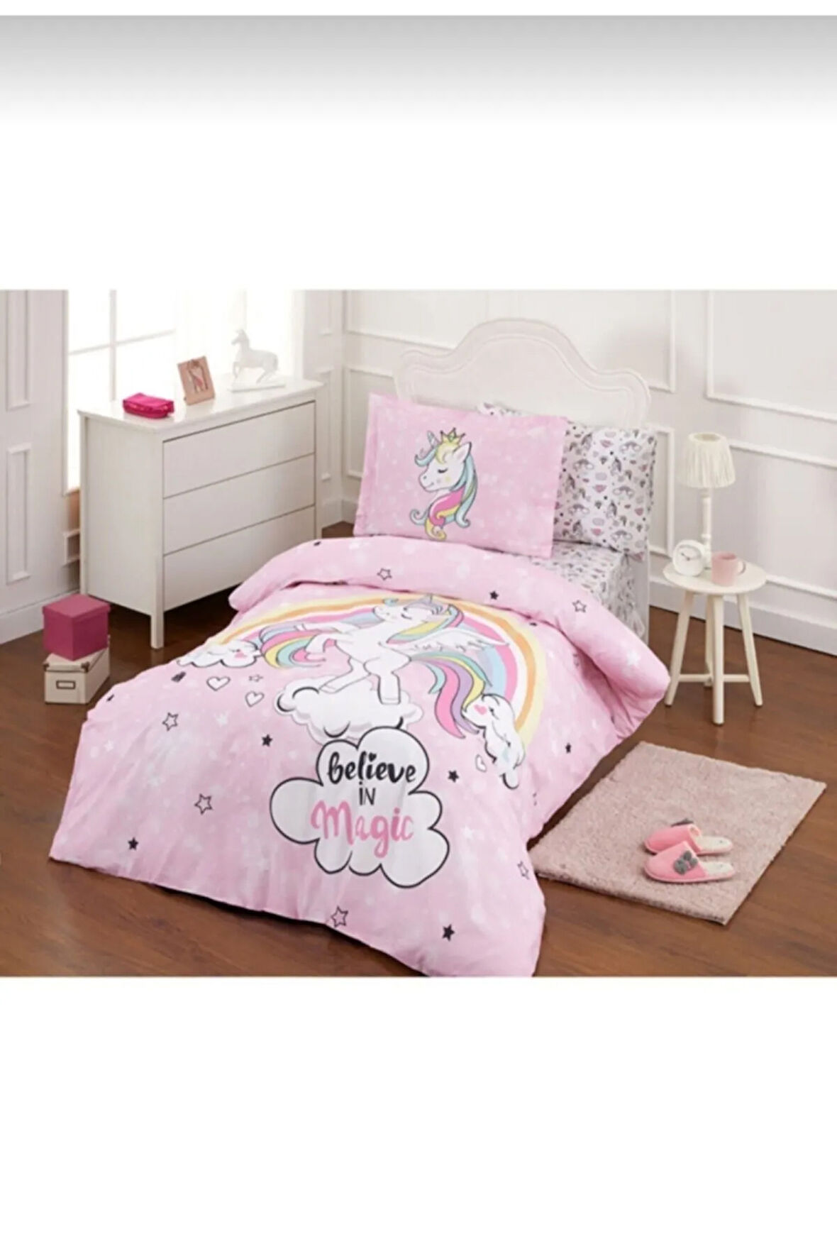 Tek Kişilik Çarşafı Lastikli Nevresim Takımı Unicorn Pembe