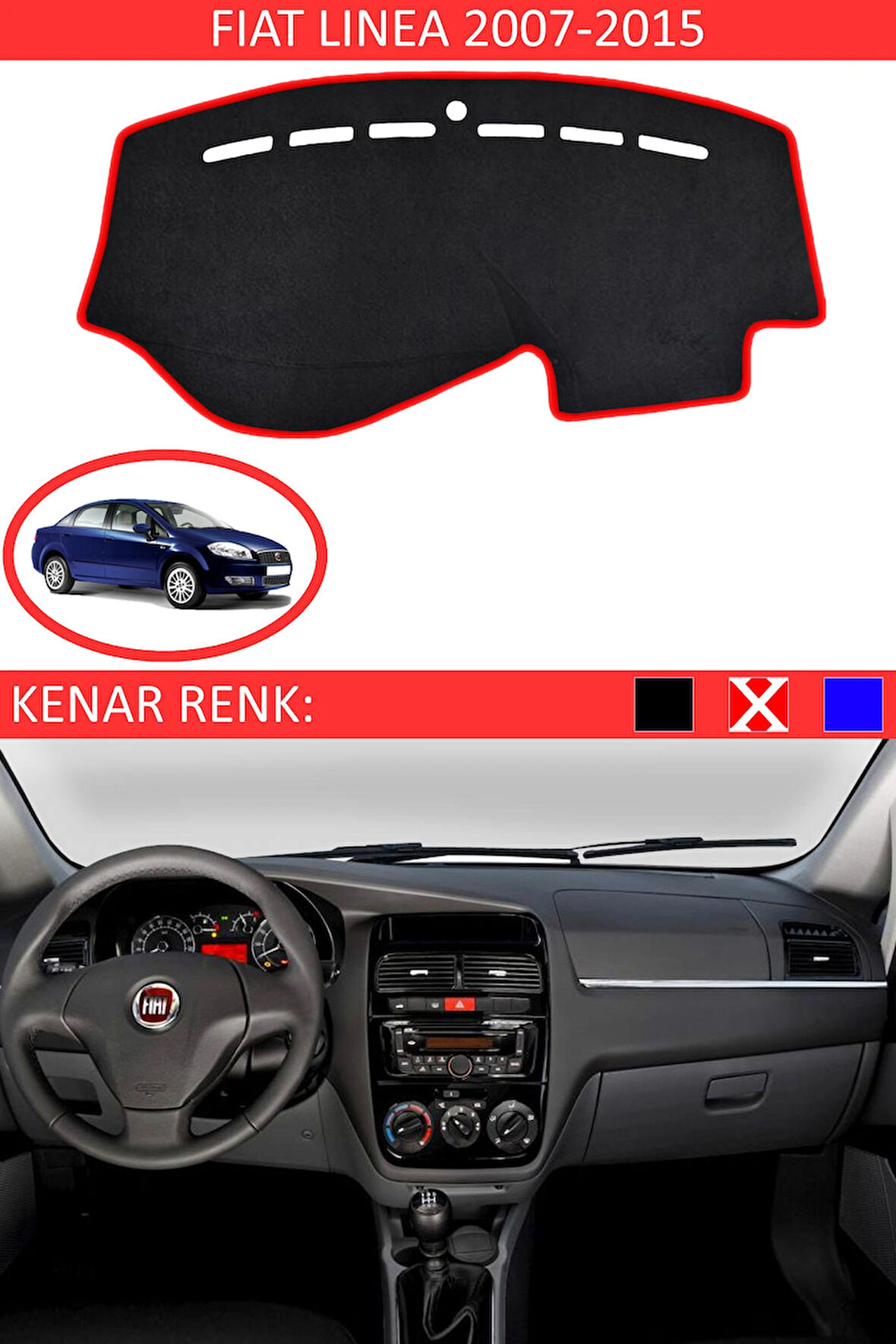Fiat Linea 2007-2015 İçin Uygun Torpido Koruma Halısı Siyah Kenar Renk Kırmızı