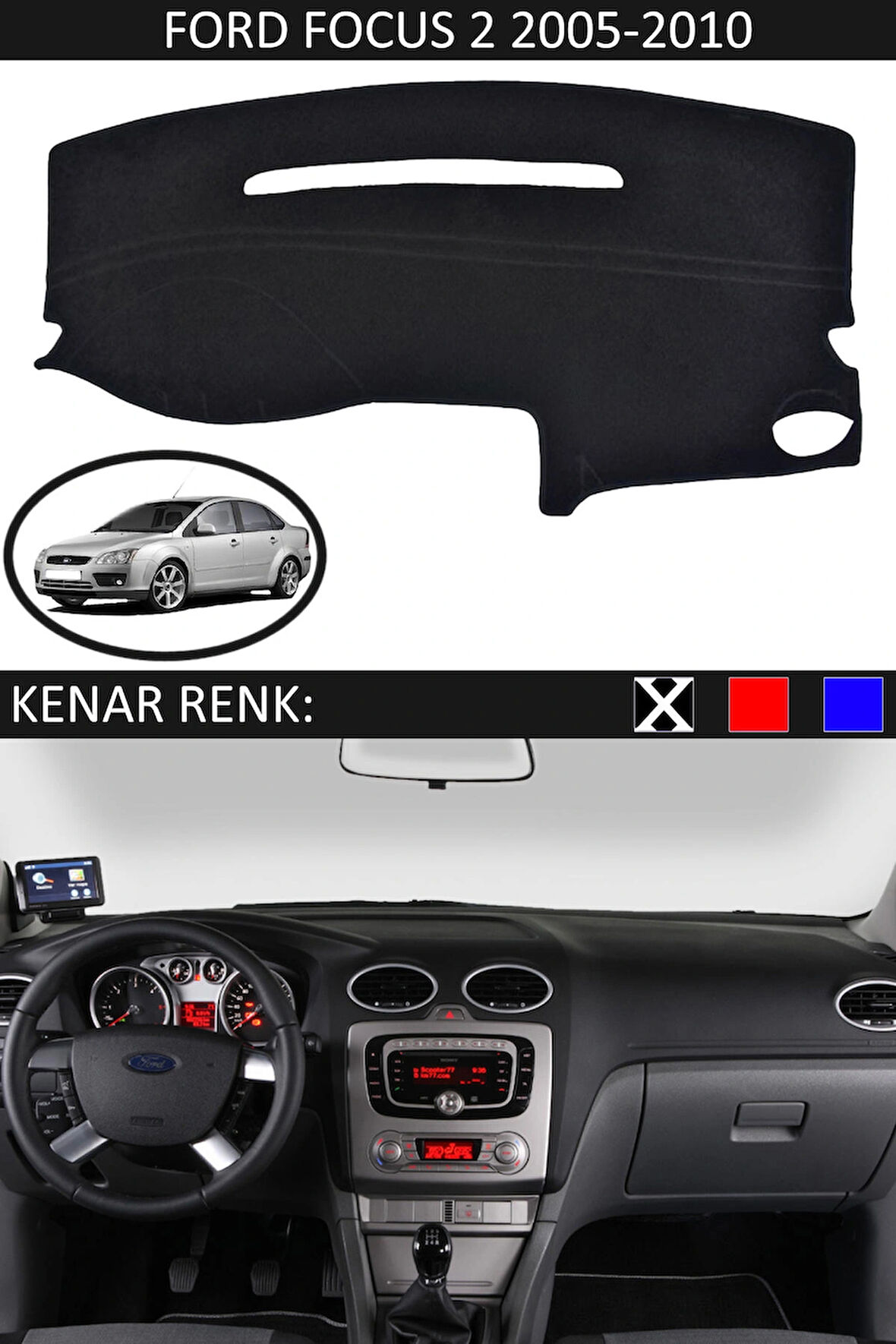 Ford Focus 2 2005-2010 İçin Uygun Torpido Koruma Halısı Siyah Kenar Renk Siyah