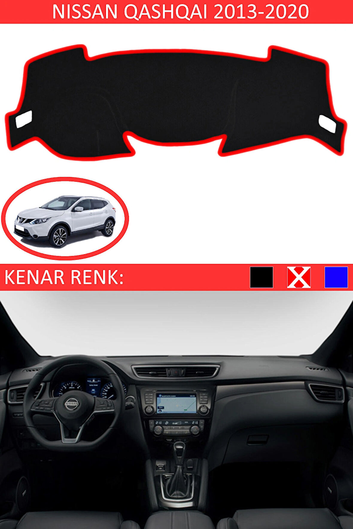 Nissan Qashqai 2013-2020 İçin Uygun Torpido Koruma Halısı Siyah Kenar Renk Kırmızı