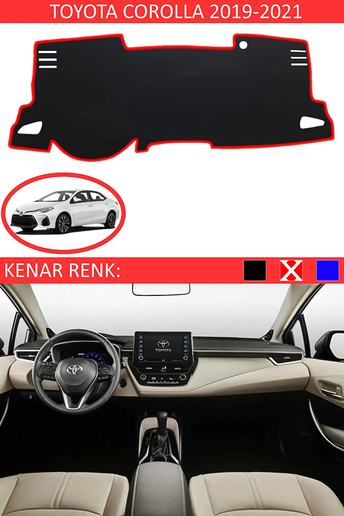 Toyota Coralla 2019-2021 İçin Uygun Torpido Koruma Halısı Siyah Kenar Renk Kırmızı