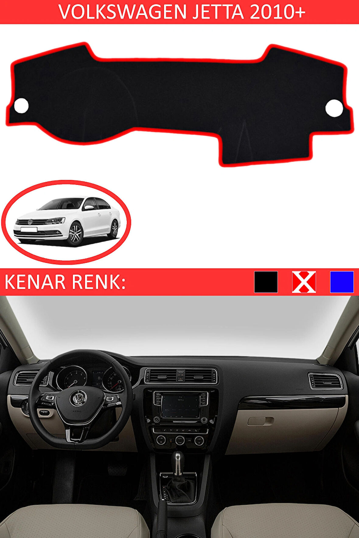 Volkswagen Jetta 2010+ İçin Uygun Torpido Koruma Halısı Siyah Kenar Renk Kırmızı