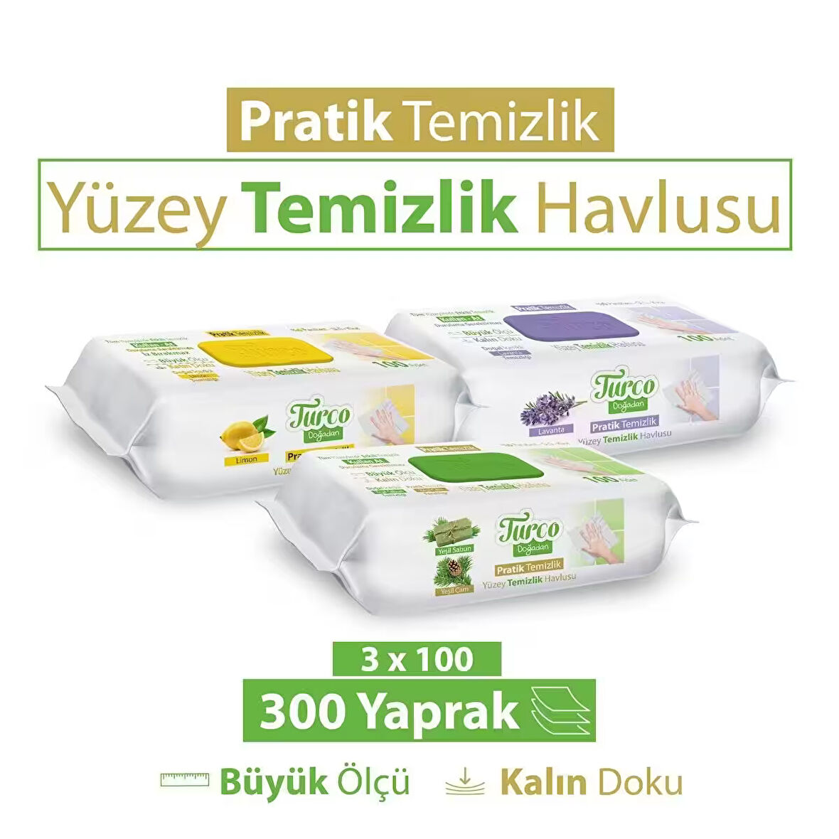 Turco Doğadan Pratik Yüzey Temizlik Havlusu Yeşil Sabun Lavanta Limon 3x100