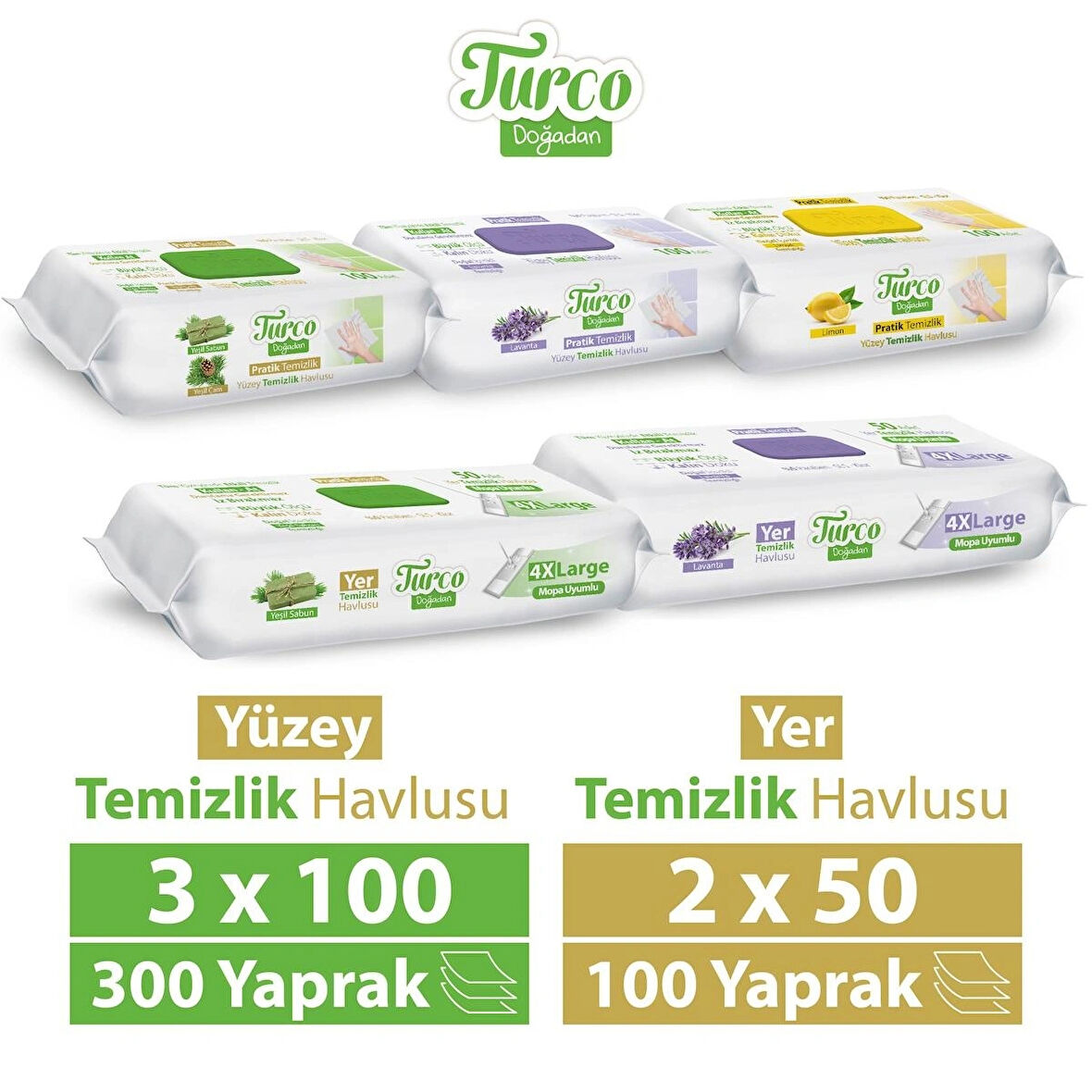 Turco Doğadan Pratik Yüzey Temizlik Havlusu 3x100 & Yer Temizlik Havlusu 2X50 Karma Paket