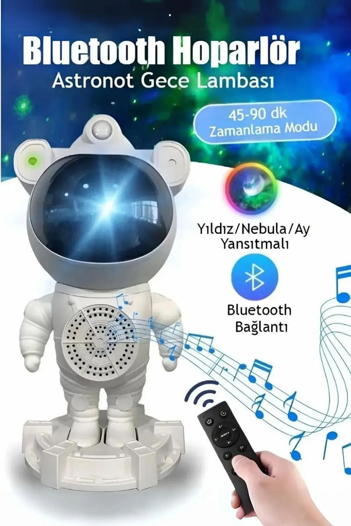 Astronot Bluetooth Hoparlörlü Galaksi Işık Projektörü Yatak Odası Için Gece Lambası Ve Zamanlayıcılı