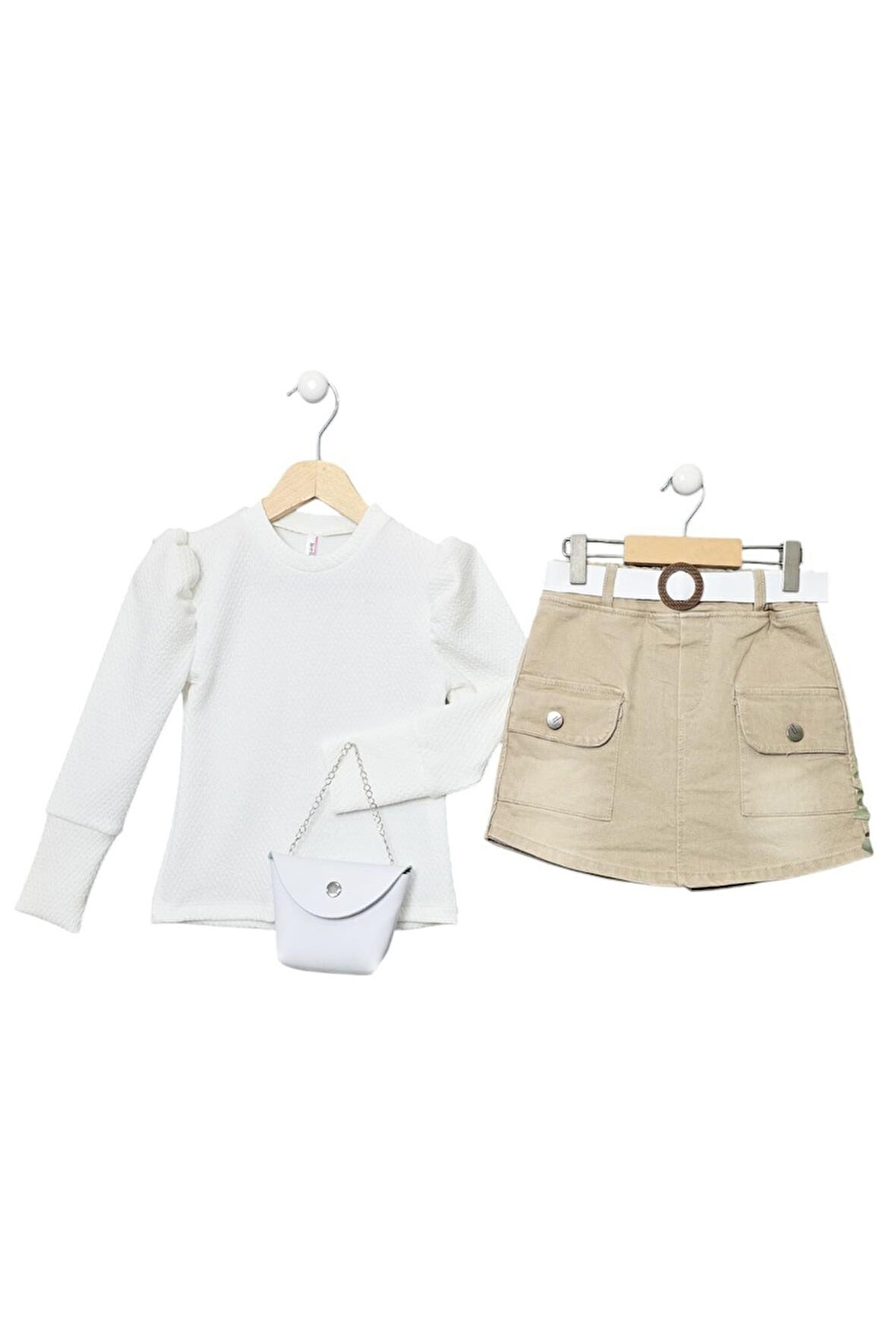 Celira Bej Danteli Triko Kız Çocuk Ceket Etek Takım 1028