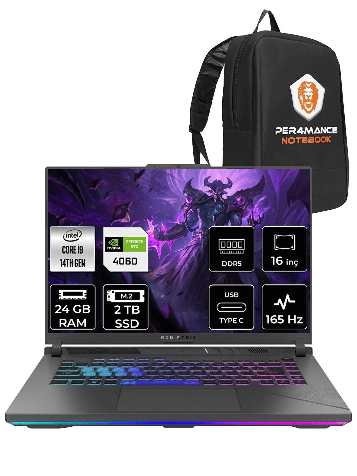 ASUS ROG Strix G16 i9-14900HX 24GB 2TB SSD RTX4060/8GB 165HZ 16" WUXGA FDOS N3095 & PER4 ÇANTA